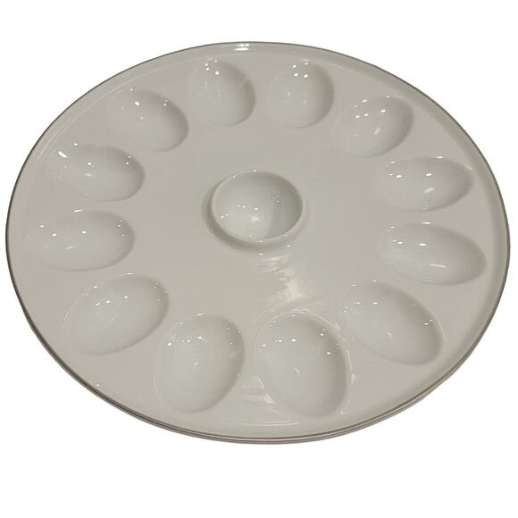 Williams Sonoma Devil Egg Ceramic Platter 12 Count White Gold Trim Serving Dish - Picture 1 of 7
